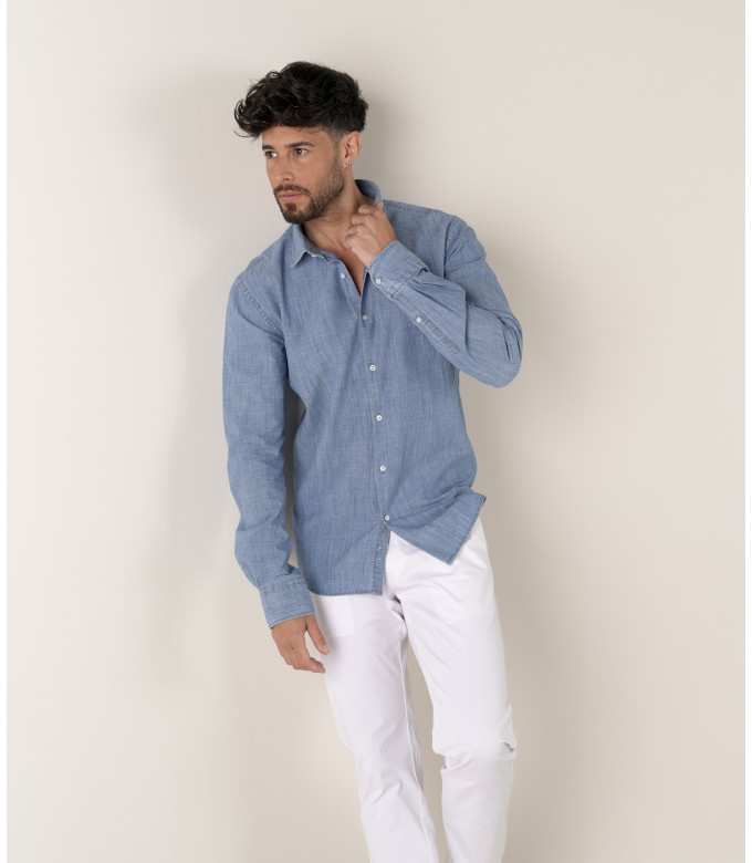 CREW - Chemise en coton bleu chambray