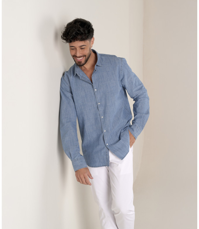 CREW - Chemise en coton bleu chambray