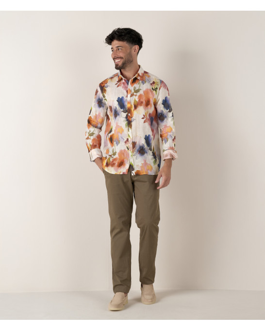 PAMPELONE - Chemise en lin imprimé fleurs orange