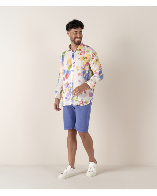 DIEGO - Chemise en lin imprimé fleurs aquarelles multi