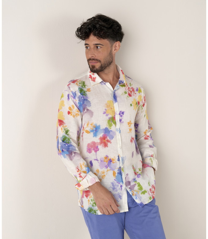 DIEGO - Linen shirt with multi watercolor flower print