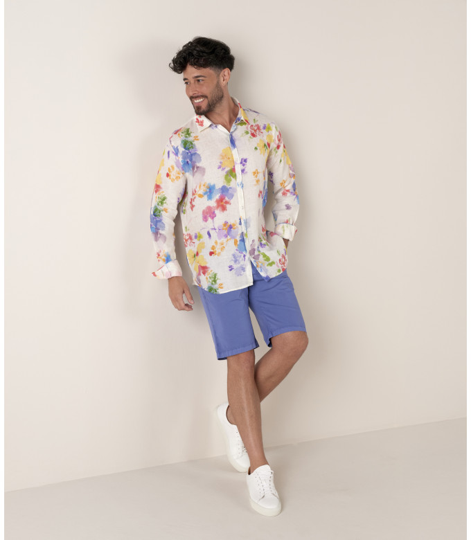DIEGO - Linen shirt with multi watercolor flower print