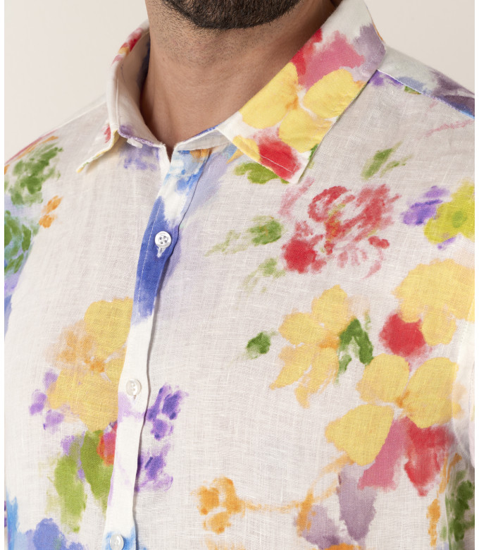 DIEGO - Linen shirt with multi watercolor flower print