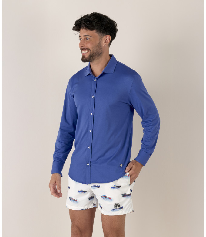 STUART - Chemise jersey coton slim-fit indigo