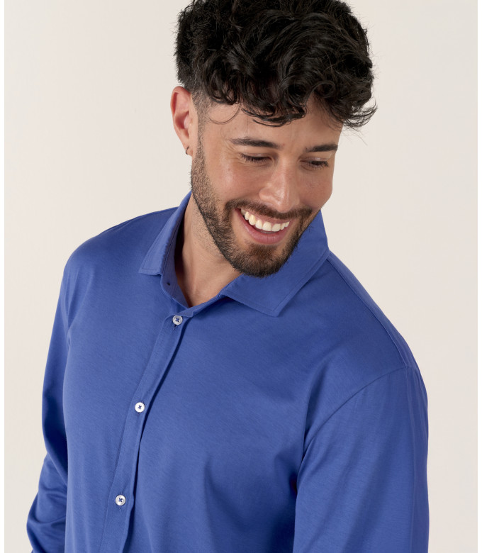 STUART - Chemise jersey coton slim-fit indigo
