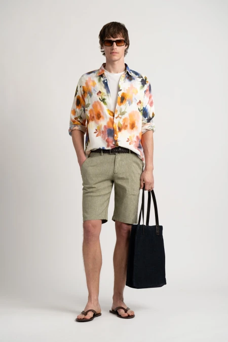 Linen-blended men's kaki bermuda |  Quality brand Europann