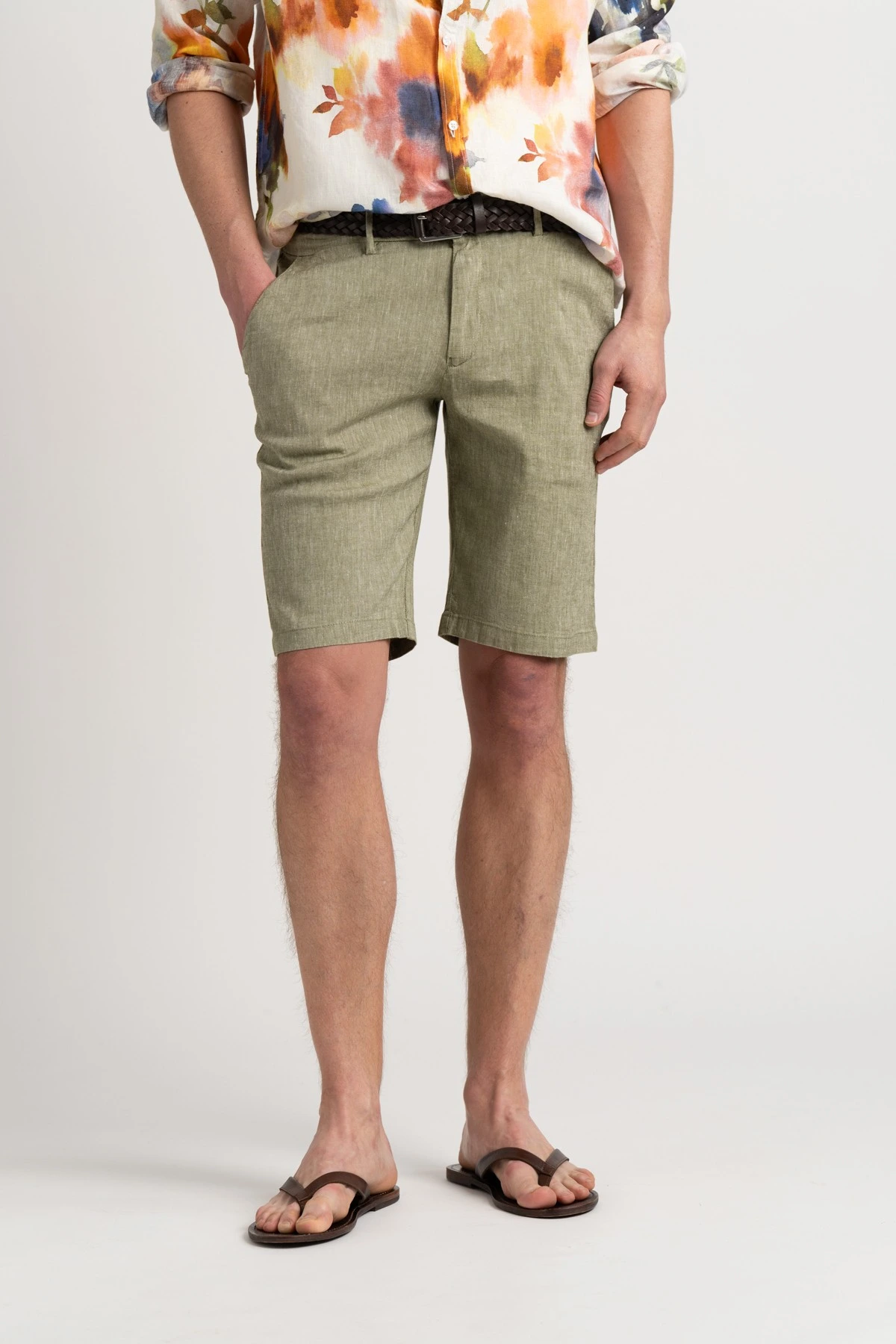 Linen-blended men's kaki bermuda |  Quality brand Europann