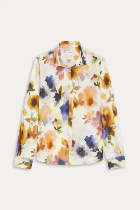PAMPELONE - Linen shirt with orange flower print