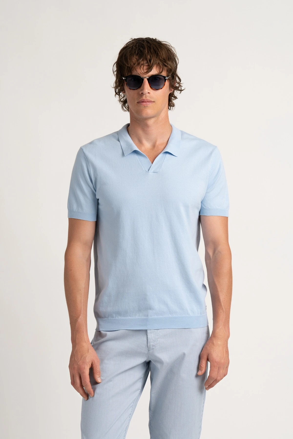 CORY - Fine knit sky blue polo