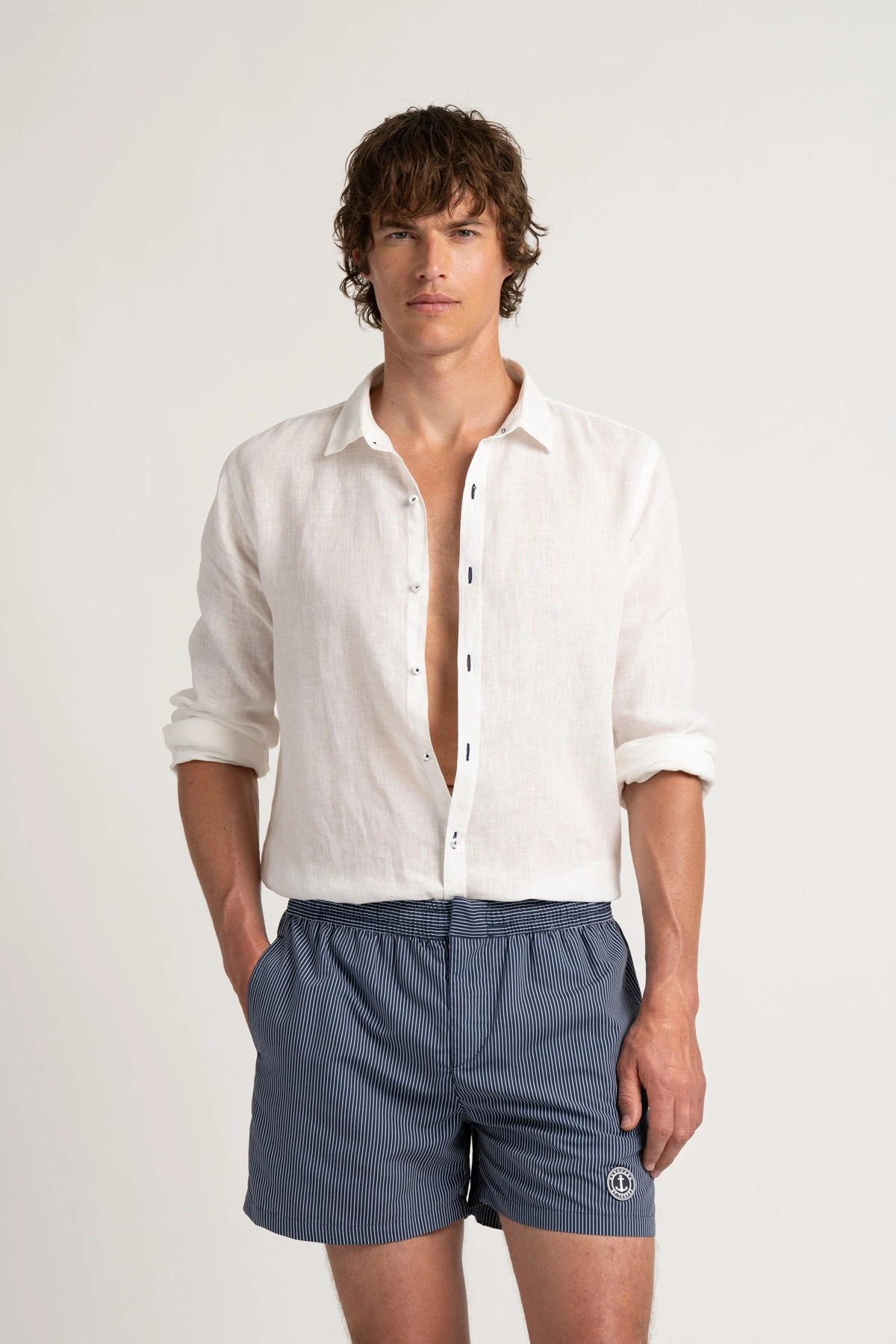 ELVIS - Striped short length navy swimshorts