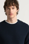 Pull col rond marine boutonné épaule Marque de qualité Europann