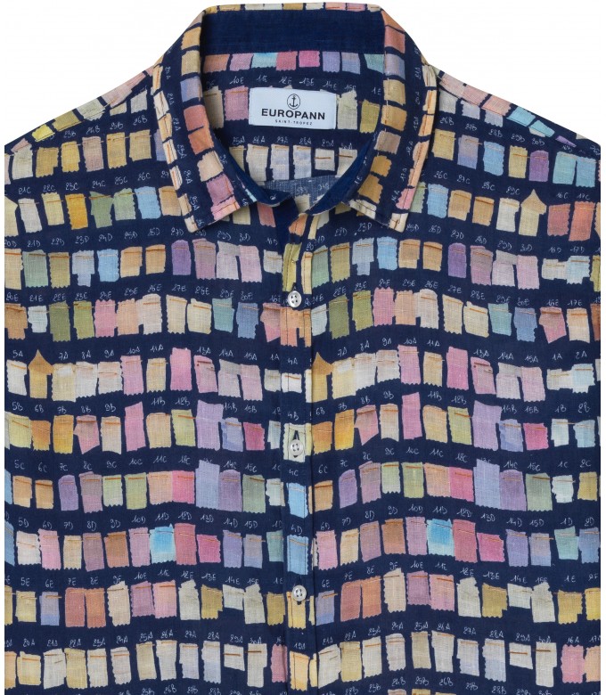 ROSS - Men's regular linen shirt in navy pantone print