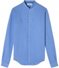 STAN - Plain linen shirt with mao collar ocean blue