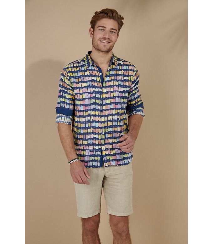 ROSS - Chemise en lin homme regular à imprimé couleurs pantones marine