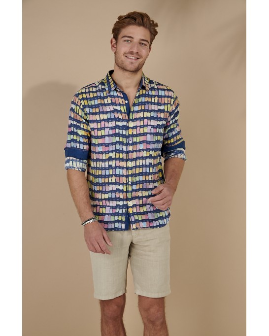 ROSS - Chemise en lin homme regular à imprimé couleurs pantones marine