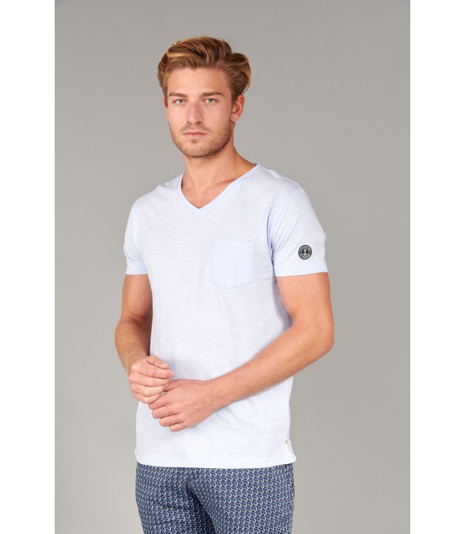 NECK - Cotton V-neck tee-shirt, light blue