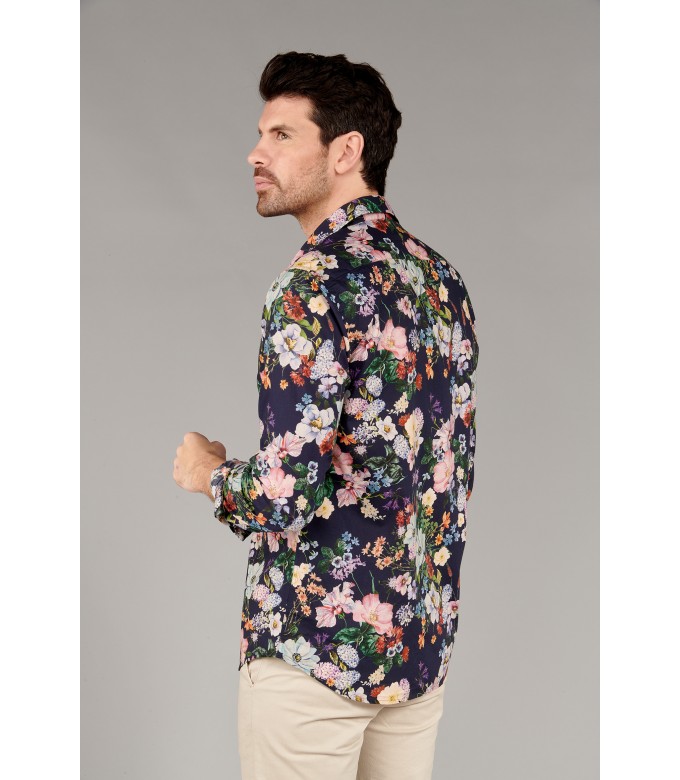 FLOWER - Chemise coton imprimé fleuri bleu marine