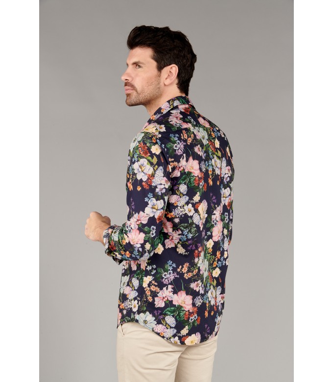 FLOWER - Cotton navy blue flower printed shirt