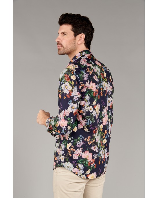 LAGON - Cotton flower printed shirt beige and blue