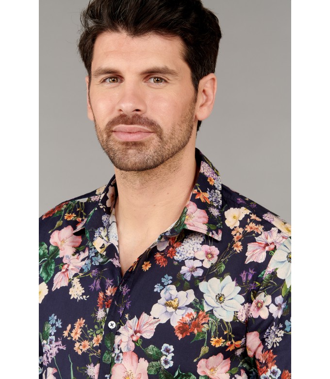 FLOWER - Chemise coton imprimé fleuri bleu marine