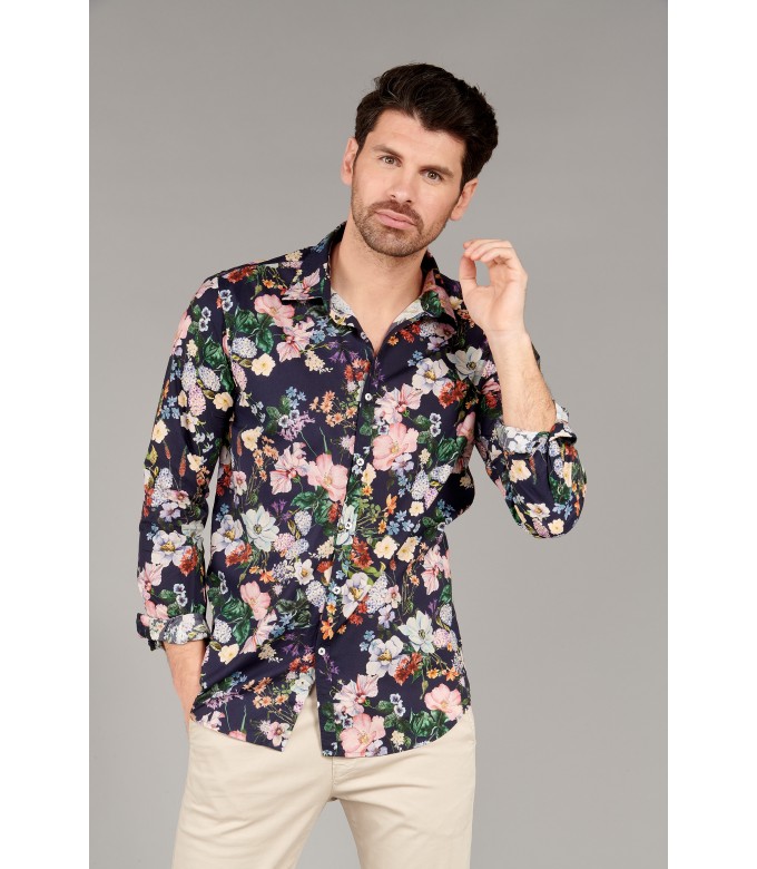 FLOWER - Chemise coton imprimé fleuri bleu marine