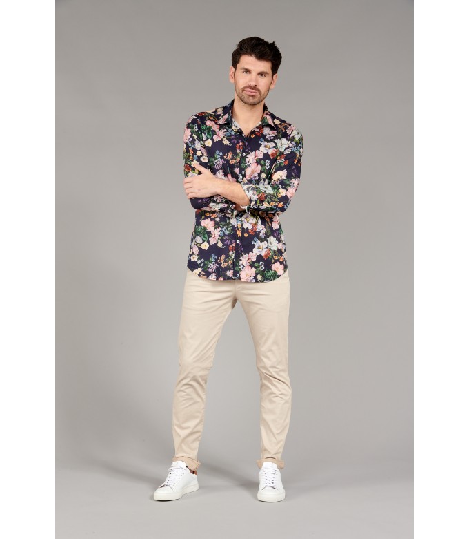 FLOWER - Chemise coton imprimé fleuri bleu marine