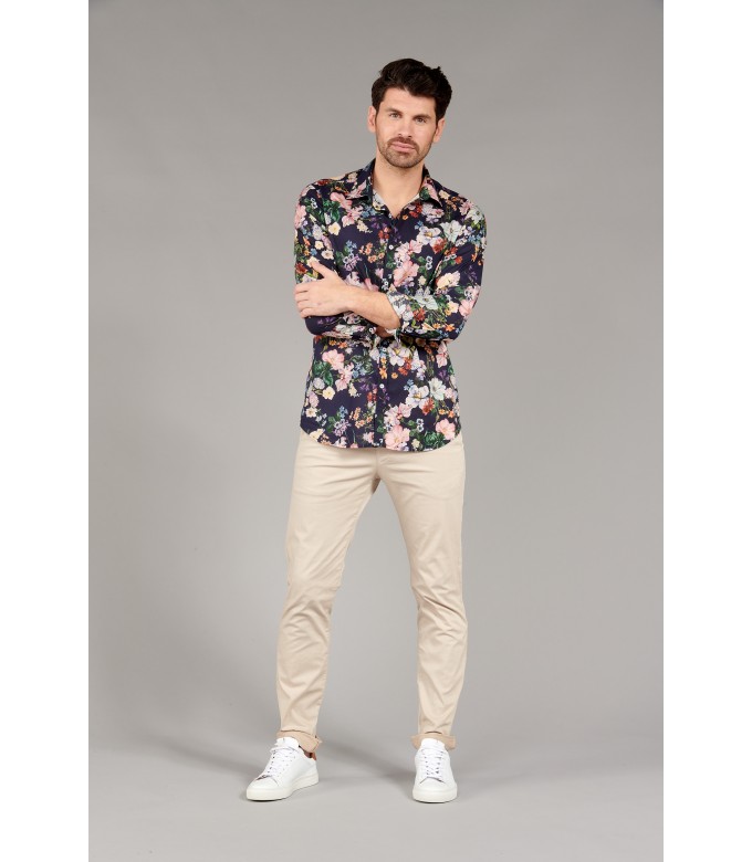 FLOWER - Cotton navy blue flower printed shirt