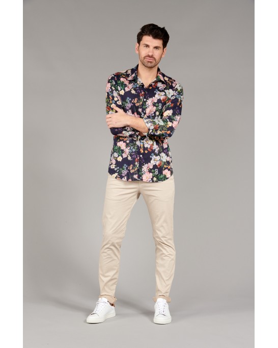 FLOWER - Chemise coton imprimé fleuri bleu marine