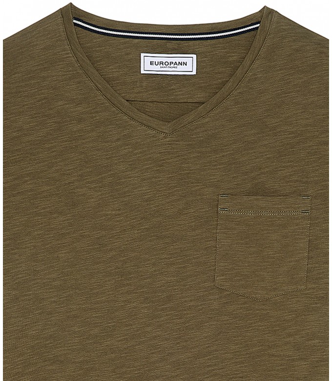 NECK - Tee-shirt col V en coton, kaki