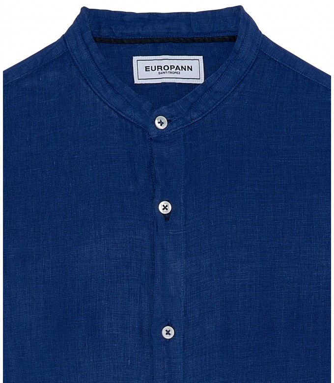 STAN - Plain linen shirt with mao collar indigo