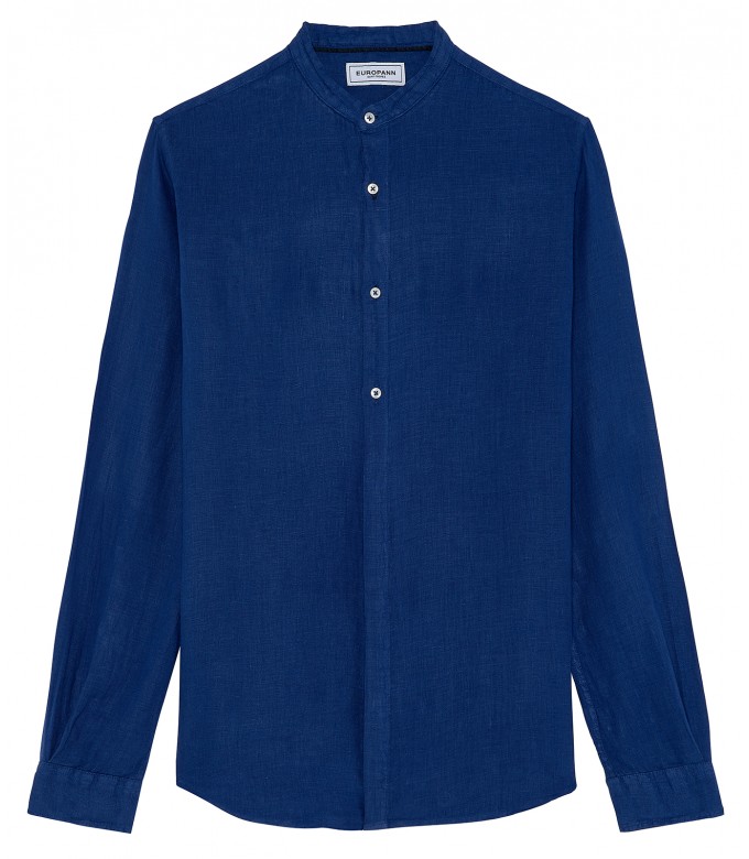 STAN - Plain linen shirt with mao collar indigo