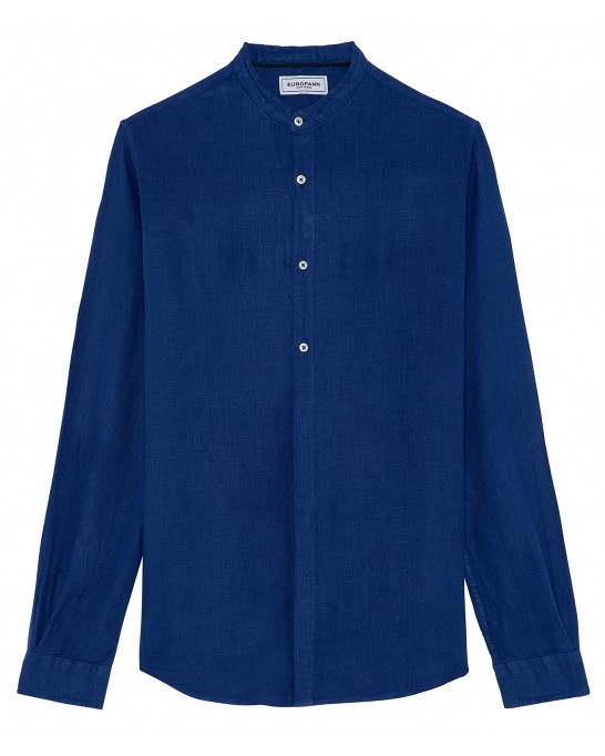 STAN - Plain linen shirt with mao collar indigo