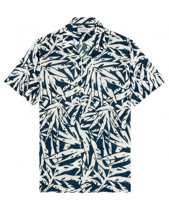 CARLOS - Navy blue Short-sleeved printed cotton shirt