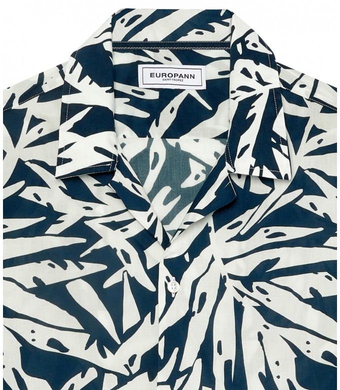 CARLOS - Navy blue Short-sleeved printed cotton shirt