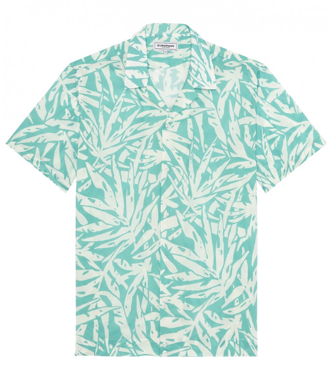 CARLOS - Blue short-sleeved printed cotton shirt