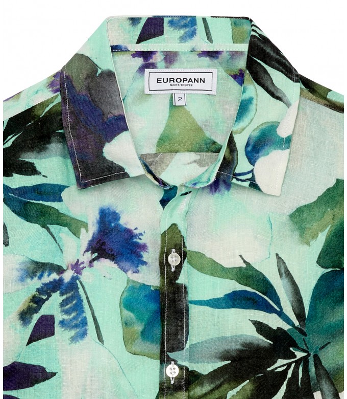 LENNY - Chemise lin imprimé floral aqua