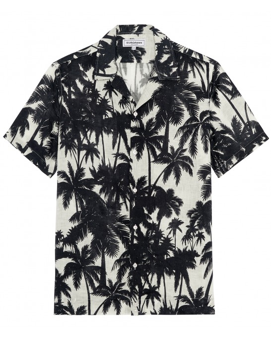 MARCUS - short-sleeved linen shirt with black palm tree print